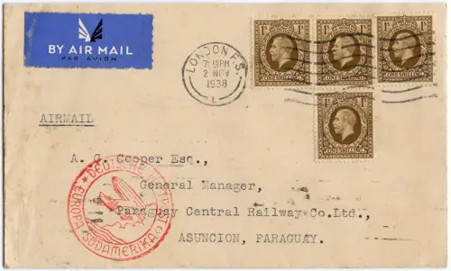 Katapult 1938 GB Brief Eisenbahn-Gesellschaft Paraguay Catapult H 694 / 2085