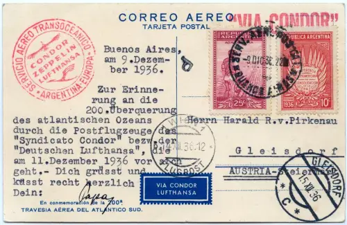 Katapult 1936 Argentinien AK 200. Flug Gleisdorf Österreich H 496 Catapult/ 1642