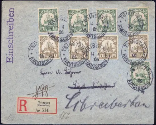 Kiautschou 1906 Reko-Brief MiF Tsingtau b 14.4.06 Lyck + Schreiberhau / 411
