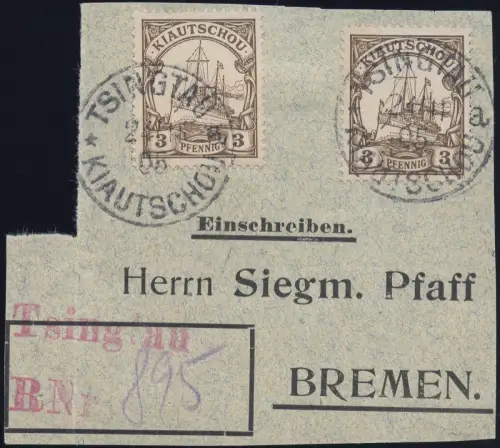 Kiautschou 1905 Michel 5 MeF Reko-Briefstück Tsingtau a  24.11.05 Bothe BPP/ 414