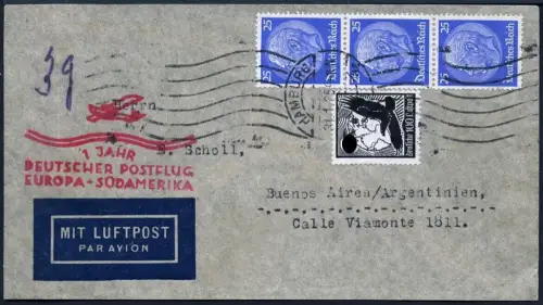 Katapult Dt. Reich 1935 Brief Jubiläumsflug Hamburg Argentinien Catapult / 617
