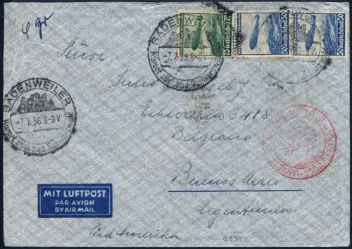 Zeppelin 1936 Dt. Reich 8. SAF Brief Badenweiler Argentinien Si 357 B / 2096