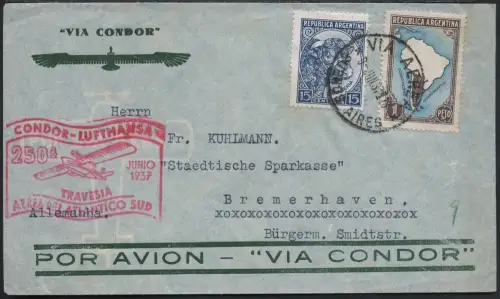 Katapult Argentinien 1937 Brief SST 250. Atlantikflug Bremerhaven Catapult / 443