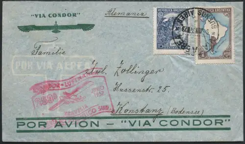 Katapult Argentinien 1937 Brief SST 250. Atlantikflug 2x Konstanz Catapult / 444