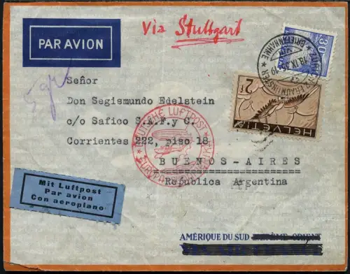 Katapult Schweiz 1935 Brief Zürich Fraumünster Argentinien Catapult 408 / 395