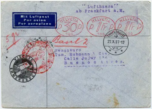 Katapult 1937 Schweiz Emmenbrücke Freistempel Argentinien H 589 Catapult / 2084