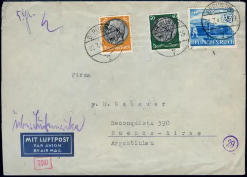 LATI 1941 Dt. Reich Brief 22.7.41 Berlin Rom Argentinien OKW Zensur / 1956
