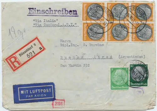LATI 1941 Dt. Reich Reko-Brief 10.10.41 Hannover RM 6,65 Argentinien Zensur/2072