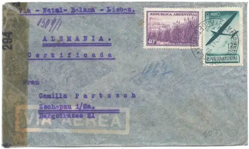 Argentinien 1943 Brief aus Rosaria Natal Bolama Lissabonn Zschopau / 2053