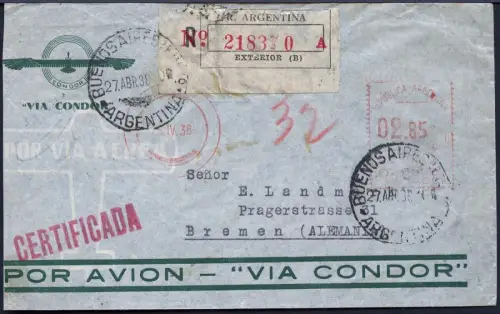 Katapult Argentinien 1938 Reko-Brief Freistempel 2,85 Pesos Bremen Catapult/ 476