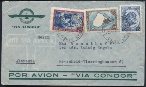 Katapult Argentinien 1937 Brief 3,15 P Buenos Aires Vierringhausen Catapult/ 455