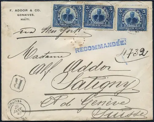 Haiti 1907 Reko-Brief 15c MeF Gonaives via New York USA Satigny Schweiz / 33