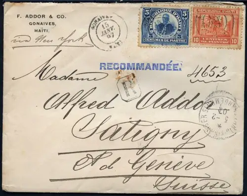 Haiti 1907 Reko-Brief Gonaives via USA und Frankreich nach Satigny Schweiz / 44