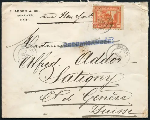 Haiti 1907 Brief 10 Cent EF Gonaives via New York nach Satigny Schweiz / 17