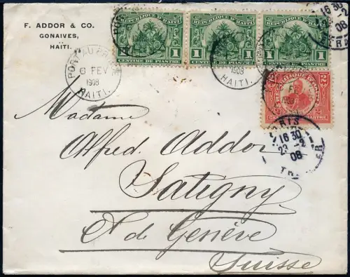 Haiti 1908 Brief MiF 5 C Gonaives Port-au-Prince Paris Satigny Schweiz / 55
