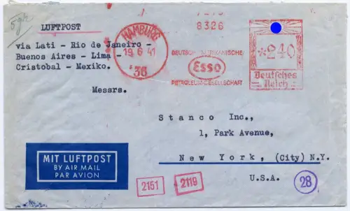 LATI 1941 Dt. Reich Brief 19.6.41 Hamburg Rio Lima Mexico USA OKW Zensur / 1908