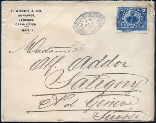 Haiti 1910 Schiffspost Amsterdam-Westindien EF 5 C Satigny Schweiz / 56