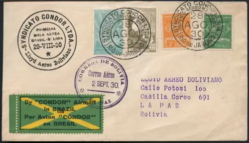 Brasilien 1930 First Flight Erstflug MiF Condor C2 + C4 Rio La Paz Bolivien/ 233