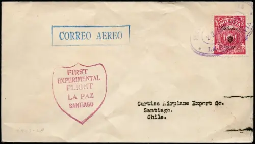 Bolivien Bolivia 1928 Erstflugbrief Santiago Chile Early First Flight Cover / 92