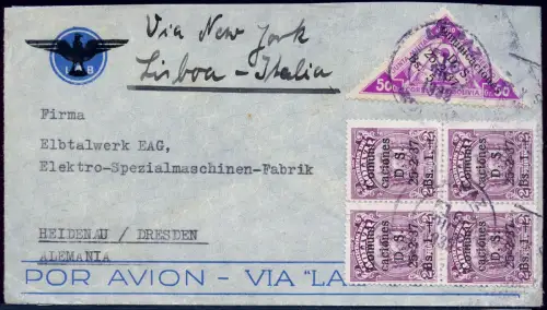 Bolivien 1939 Brief New York US-Clipper Lissabon Rom Heidenau Dresden / 1938