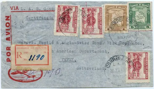 Katapult 1937 Bolivien Oruro Vevey Schweiz Reko-Brief H 596 Catapult / 1571
