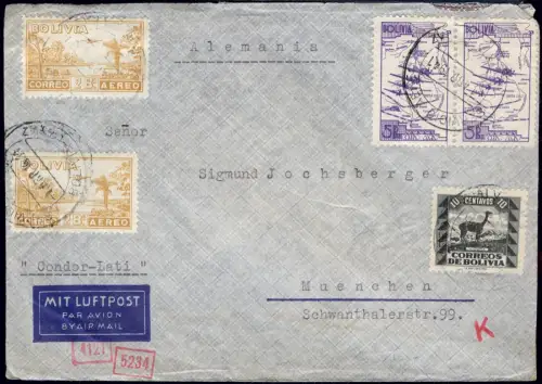 LATI 1941 Bolivien Brief Condor La Paz Rio Rom München OKW Zensur / 1937