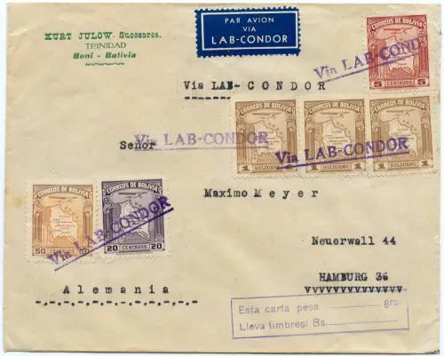Katapult 1937 Bolivien Trinidad Hamburg Brief Agenturstpl H 512 Catapult / 1570