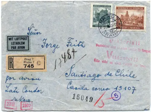 LATI 1941 Böhmen & Mähren Reko Prag Santiago de Chile Zensur Viktoria-Stpl/ 1658
