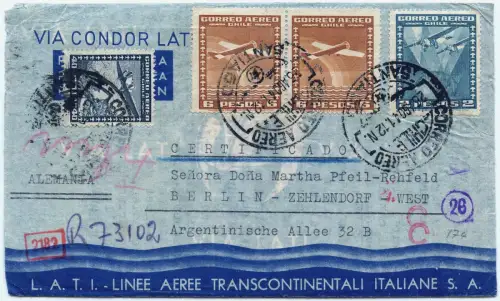 LATI 1941 Chile Reko-Brief 14,4 P Santiago Berlin Zehlendorf OKW Zensur / 1698