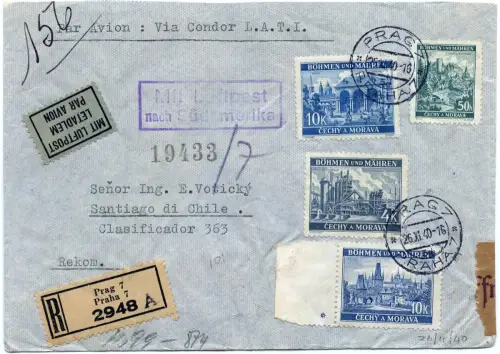 LATI 1940 Böhmen & Mähren Reko-Brief Prag Santiago de Chile Zensur / 1659