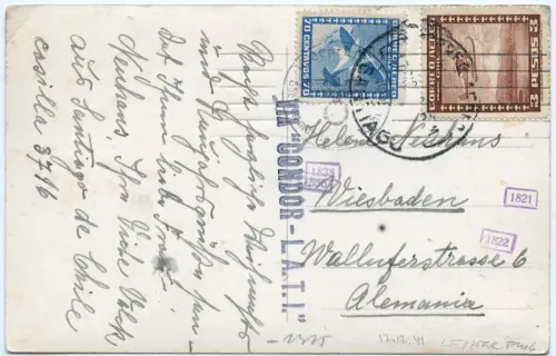 LATI 1941 Chile Santiago Wiesbaden AK 17.12.41 Letzter Flug Zensur / 2011