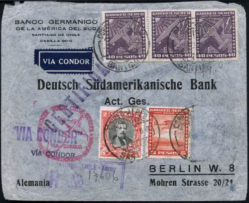 Katapult Chile 1935 Rekobrief Erstflug Santiago via Rio nach Berlin Catapult/205