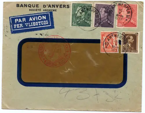 Katapult 1937 Belgien Bank-Brief Antwerpen Santiago de Chile Catapult H 541/1233