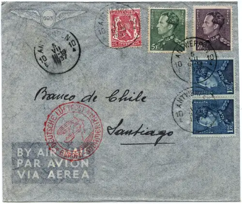 Katapult 1937 Belgien Brief Antwerpen Santiago de Chile Catapult H 557 / 1235