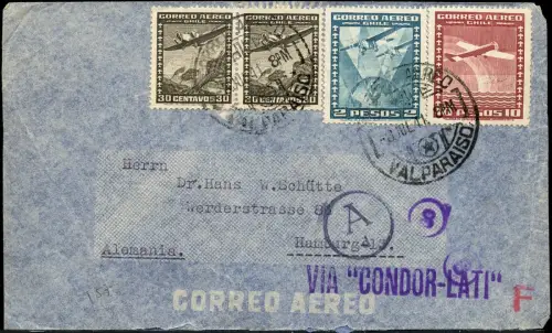 LATI 1941 Chile Valparaiso Hamburg Brief 8.7.41 Zensurstempel Ad / 2010