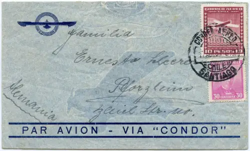 Katapult 1937 Chile Condor-Flugpost Santiago Pforzheim H 536 Catapult / 1625