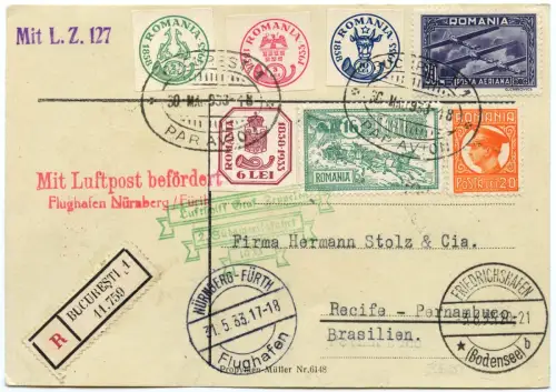 Zeppelin 1933 Rumänien 2. SAF Bukarest Nürnberg-Fürth Brasilien Si 214 / 2514