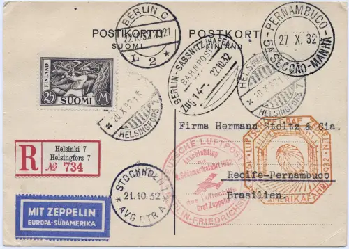 Zeppelin 1932 Finnland 9. SAF Helsinki Bahnpost Sassnitz Brasilien Si 195 / 2462