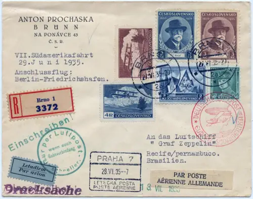 Zeppelin 1935 Tschechoslowakei 7. SAF Prag Berlin Recife Brasilien Si 308 / 2507