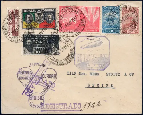 Zeppelin 1933 Brasilien Chicagofahrt Etappe Rio Recife Rekobrief Si 239 D /1965