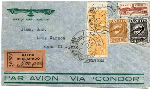 VARIG 1933 Brasilien Wertbrief mit MiF V 23 + V 33 Pelotas Rivera Uruguay / 1555