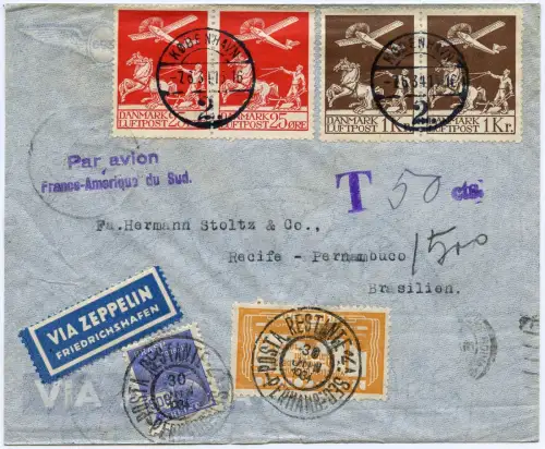 Dänemark 1934 Flugpost Zeppelin Air France Kopenhagen FFM Brasilien Taxe / 1247