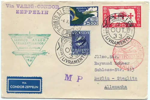 Zeppelin 1933 Brasilien 8. SAF VARIG MiF Livramento Berlin Brief Si 236 / 2590