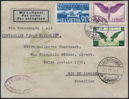 Zeppelin 1932 Schweiz 6. SAF Brief Basel F`hafen Rio Brasilien Si 177 / 2132