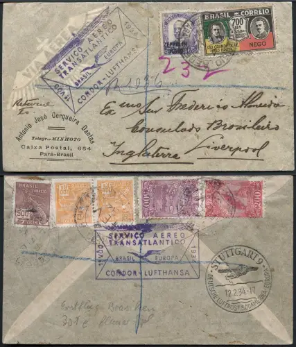 Katapult Brasilien 1934 Erstflug Stempel Blau Reko-Brief England Catapult / 177