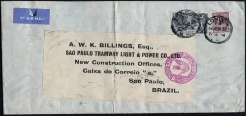 Katapult 1938 GB Brief MiF Seahorse 10/6 London Brasilien Catapult H 633 / 1078