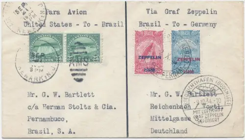 Zeppelin 1934 Brasilien 9. SAF Zuleitung USA Reichenbach Brief Si 278 A / 2571