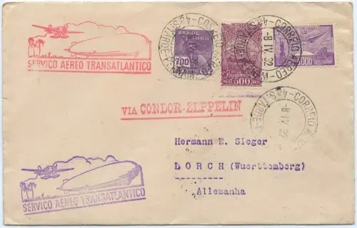 Zeppelin 1932 Brasilien 1. und 2. SAF 2x befördert Lorch Si 139 + 144 / 2530
