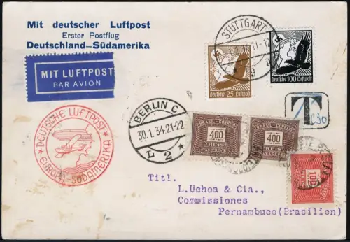 Katapult Dt. Reich 1934 Erstflug Postkarte Nachporto MiF Brasilien Catapult/ 172