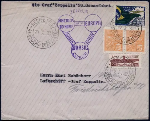 Zeppelin Brasilien 1933 Chicagofahrt Recife Akron Kurt Schönherr Si 239 B / 1966